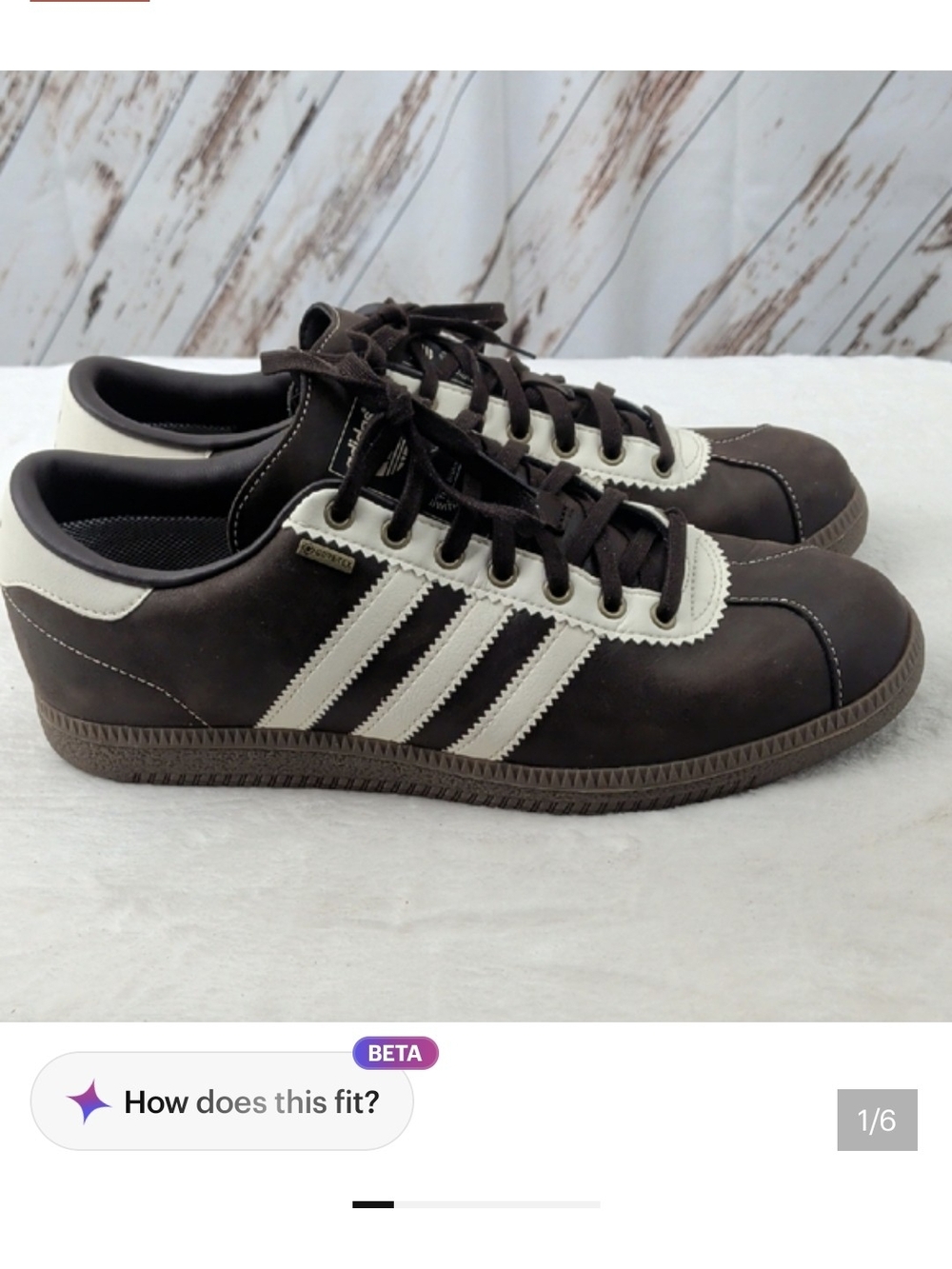 Mens 7.5, Ladies 9 adidas Brown Sneakers with Cream Three-Stripes